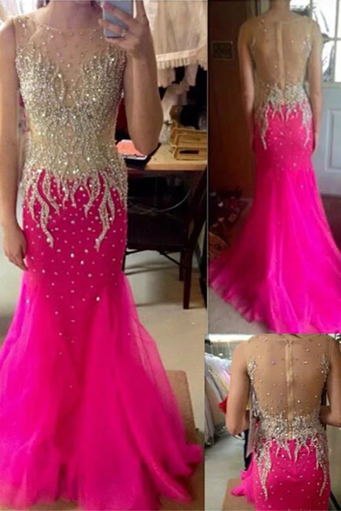 Heavy Beads Hot Pink Mermaid See Through Prom Dress Evening Dresses Party Gowns