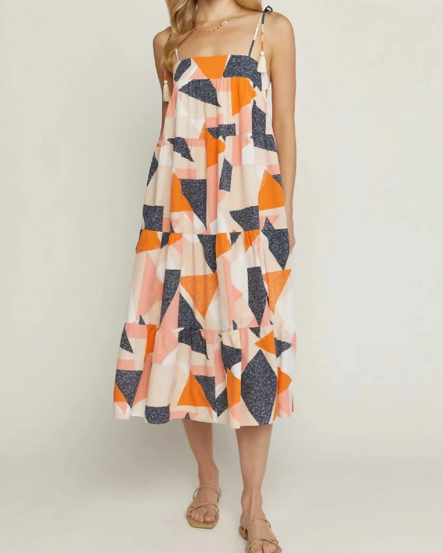 Printed Square Neck Dress In Peach/Blue | Peach/Blue