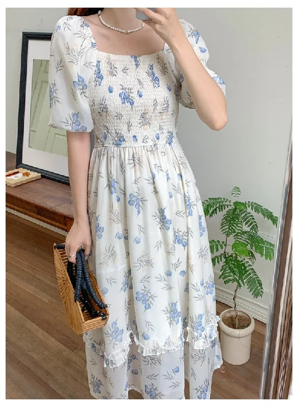Off Shoulder Bubble Sleeves with Elastic Waistband Women's Chiffon Floral Dress New Summer Chic Female A-line Mid-calf Dress