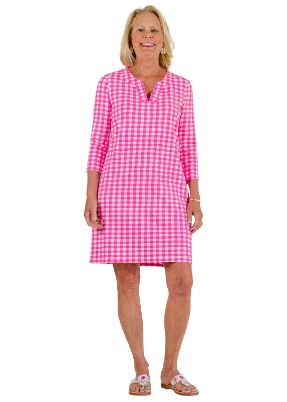 Lucille 3/4 Sleeve Dress - Gingham Hot Pink/White