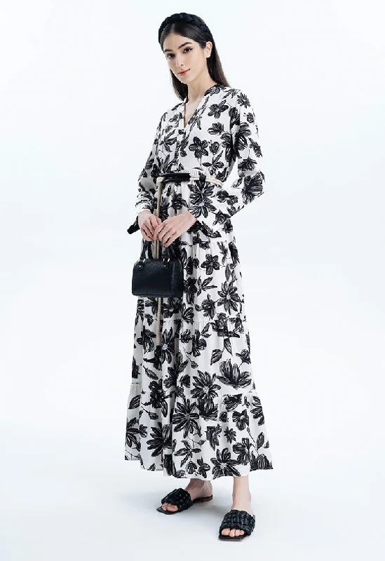 Allover Contrast Printed Tiered Flared Dress