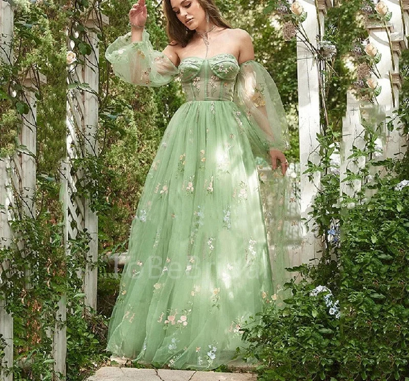 Getadme Elegant Off Shoulder Women Evening Dress Green Print Lace Fluffy Long Sleeve High Waist A-Line Graduation Vesidos De Festa