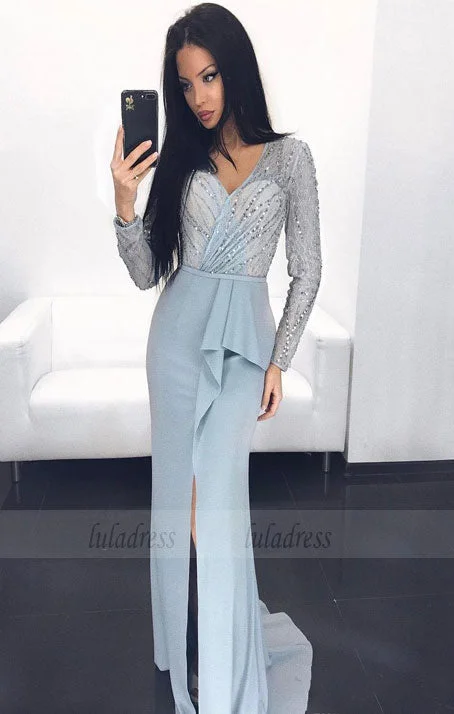 long sleeves sequins and beaded slit prom dress