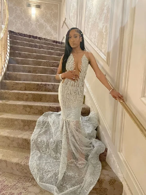 Silver Formal Dresses for Black Girl, Mermaid Long Prom Dress Evening Gown      S6761