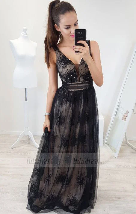 A-Line V-Neck Backless Floor-Length Black Prom Dress with Appliques Beading
