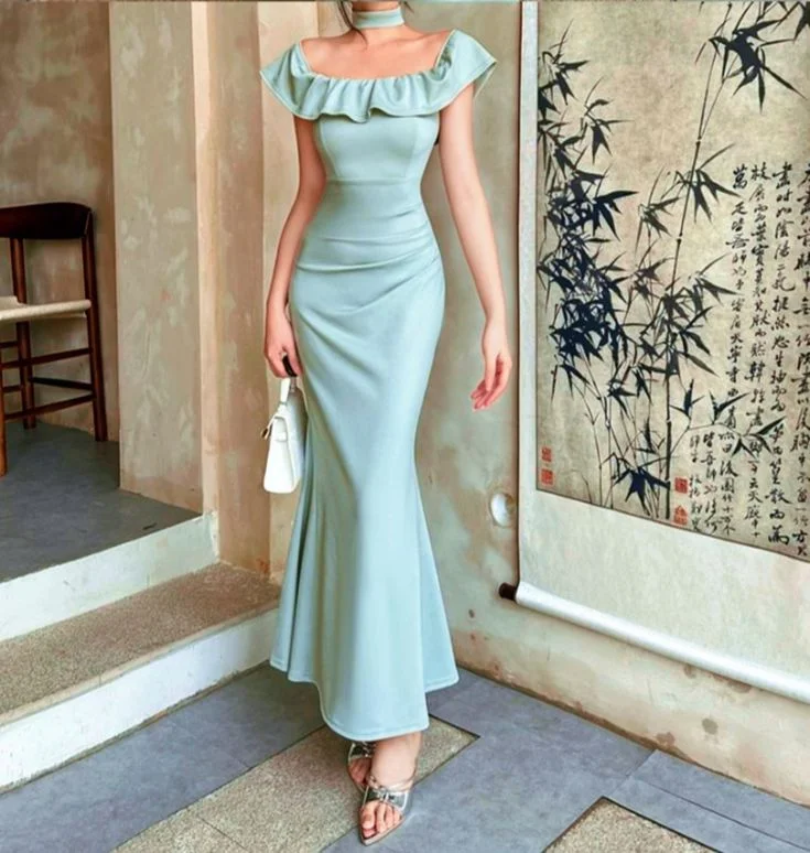 Off-Shoulder Ruffled Midi Mermaid Dress       S6739