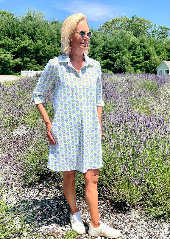 Lizzie Dress - Little Zinnias Lavender/White