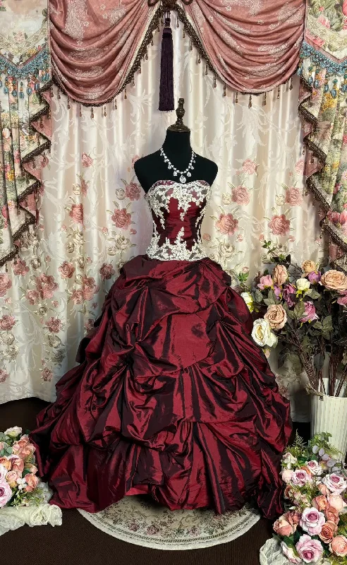 Burgundy A Line Strapless Long Princess Dress, Formal Evening Gowns     S6858