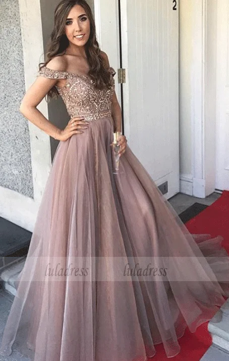 Gorgeous Sweetheart A-Line Tulle Backless Prom Dresses,Off-the-Shoulder Prom Gowns