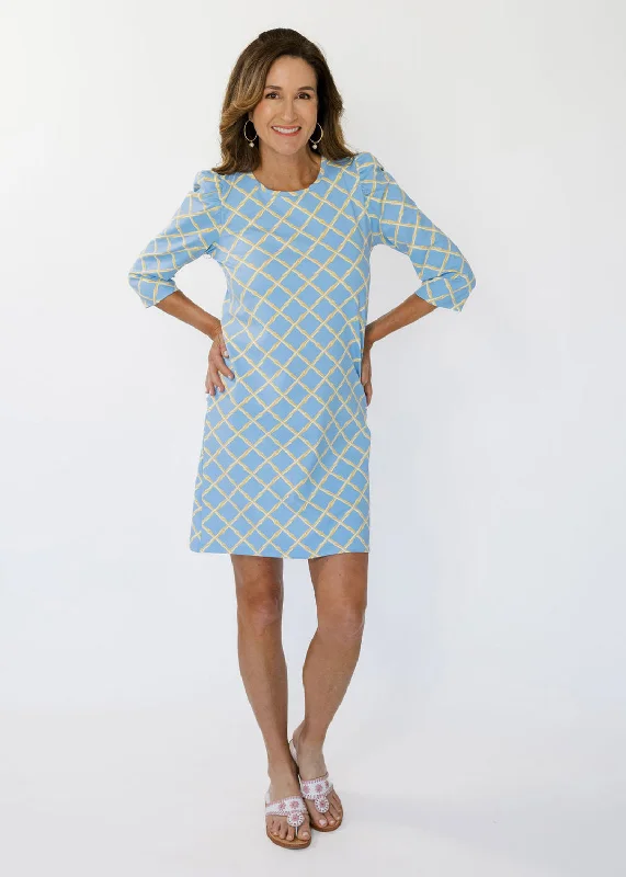Clare 3/4 Sleeve Dress - Bamboo Lattice Tan/Turq