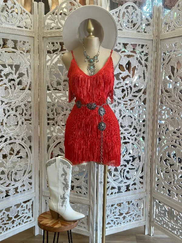 Red Strappy Fringe Dress