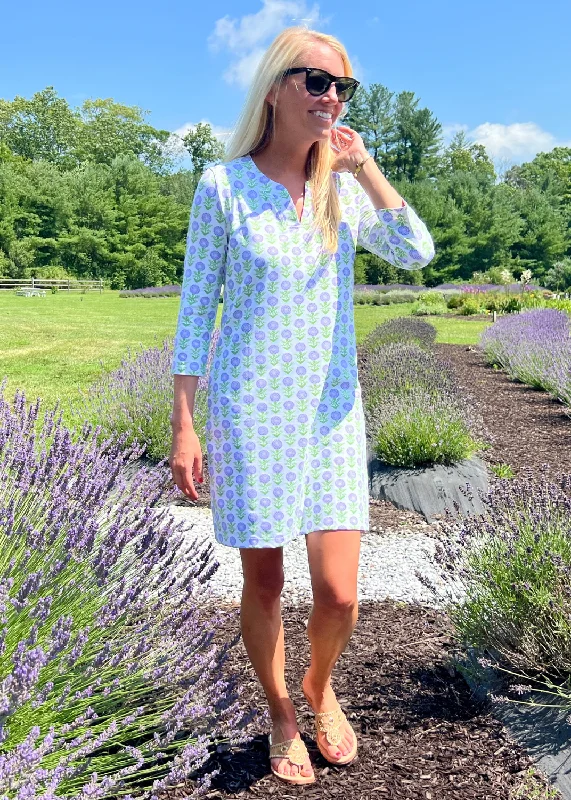 Lucille 3/4 Sleeve Dress - Little Zinnias Lavender/White