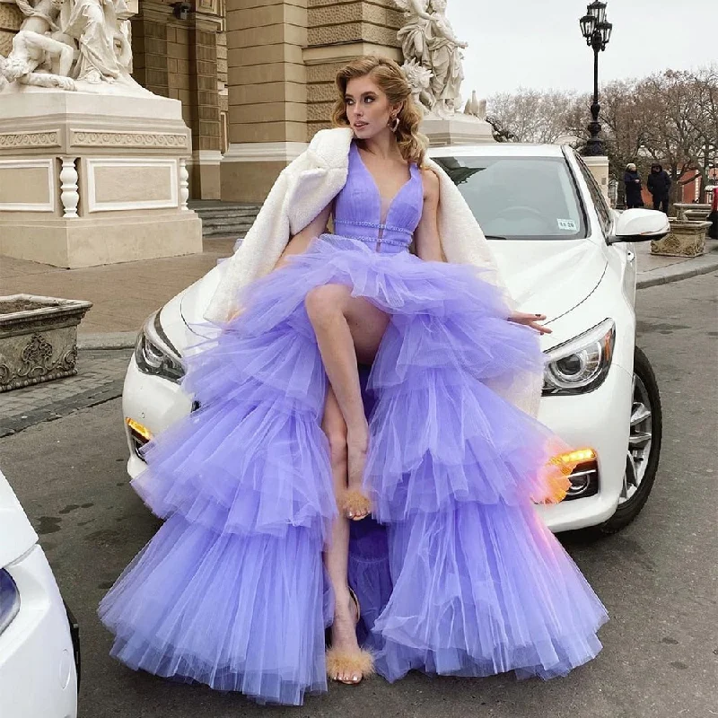 Getadme-Lavender Tiered Ruffles Tulle Evening Dresses V-Neck Sleeveless Pleat Ruched Prom Dress Wedding Party Gowns 2023