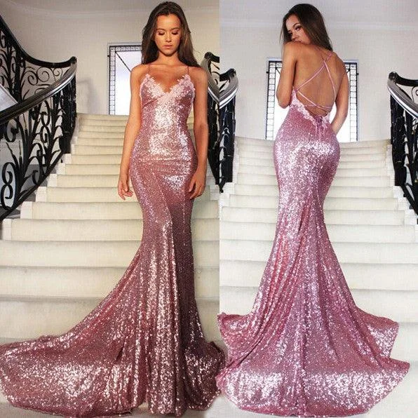 Charming Backless Sweep Train Spaghetti Strap Sexy Formal Evening Dresses