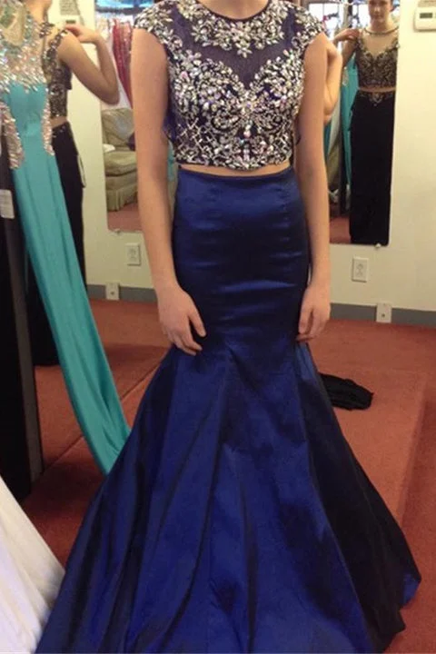 2 Pieces Cap Sleeves High Neck Dark Blue Mermaid Prom Dresses Evening Prom Gowns
