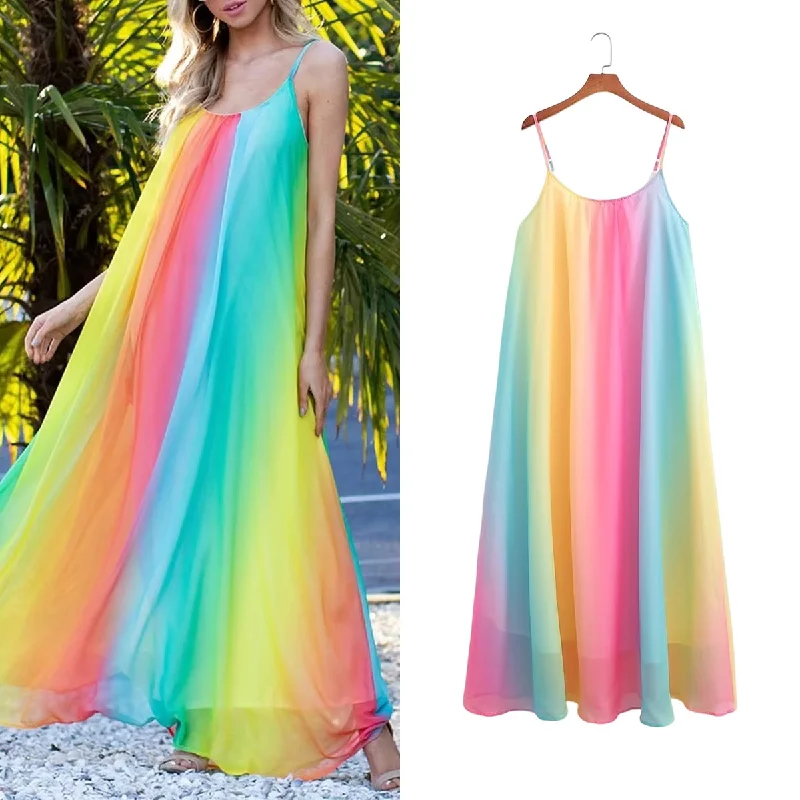 HDIMM Fashion Dresses for Women Summer Rainbow Sleeveless Loose Dress Female Chic Sexy Backless Colorful Casual Dresses Clothing