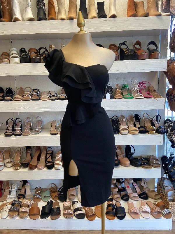 Black Ruffle Slit Dress