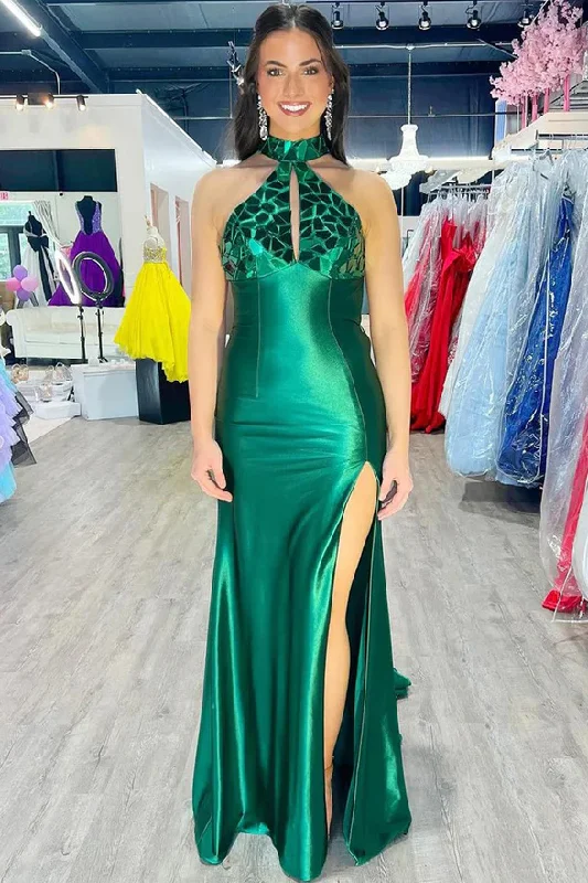 Green High Neck Mirror-Cut Sequins Mermaid Prom Dress with Slit