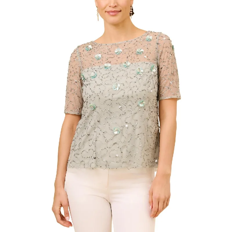 Adrianna Papell Womens Embellished Boat Neck Blouse Chic Off-Shoulder Blouse