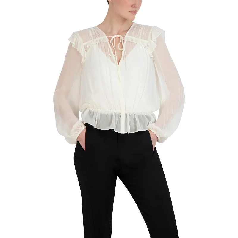 BCBGMAXAZRIA Womens Chiffon Bishop Sleeve Blouse Ruched Sleeve Blouse