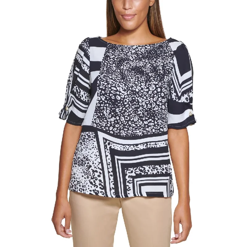 DKNY Womens Petites Printed Embellished Blouse Chic Wrap Blouse