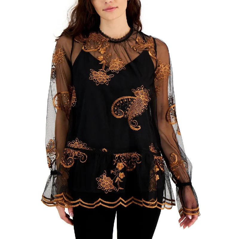 Fever Womens Mesh Embroidered Blouse Romantic Lace Blouse