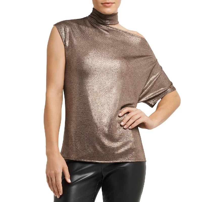 H Halston Womens Metallic Mock Neck Blouse Oversized Silk Blouse