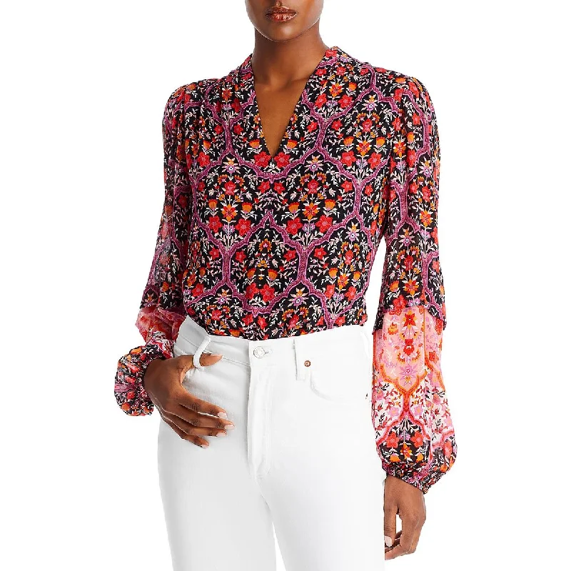 Kobi Halperin Womens Floral Print Split Neck Blouse Elegant Embroidery Blouse