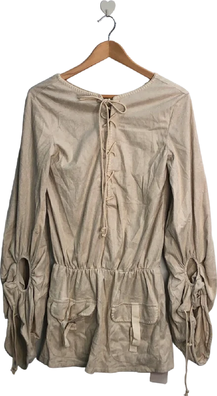 MusEra Beige Long Sleeve Lace-Up Blouse UK 12 Romantic Lace Blouse