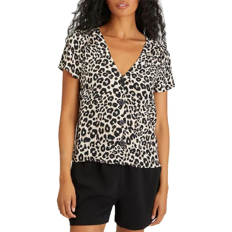 Sanctuary Womens Animal Print Short Sleeves Blouse Ruffled Neck Blouse