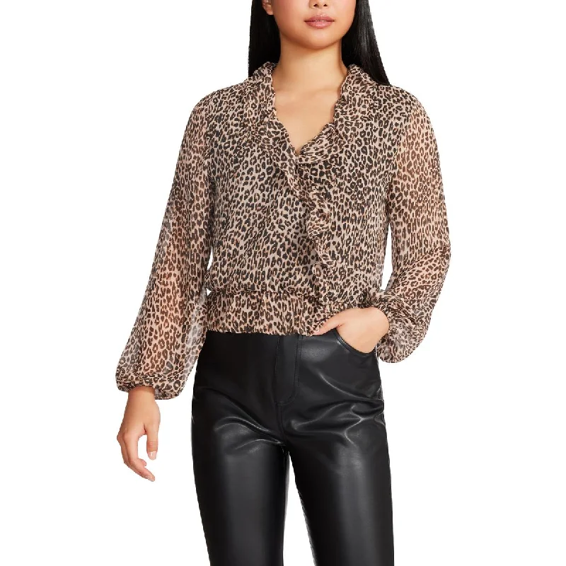 Steve Madden Women's Ruffled Chiffon Animal Print Blouse Delicate Pleat Blouse