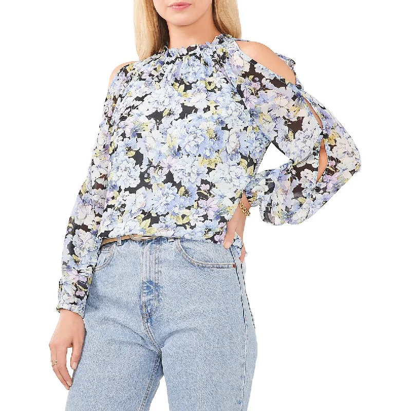 Vince Camuto Womens Floral Print Ruffle Neck Blouse Boho Printed Blouse