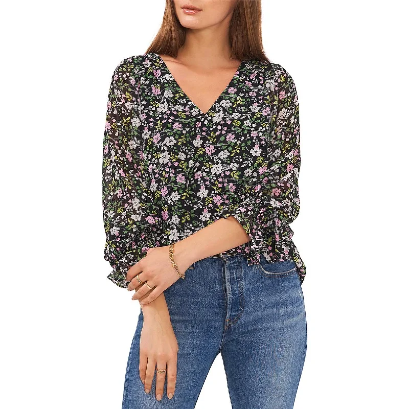 Vince Camuto Womens Floral Print V-Neck Blouse Wrap Front Blouse