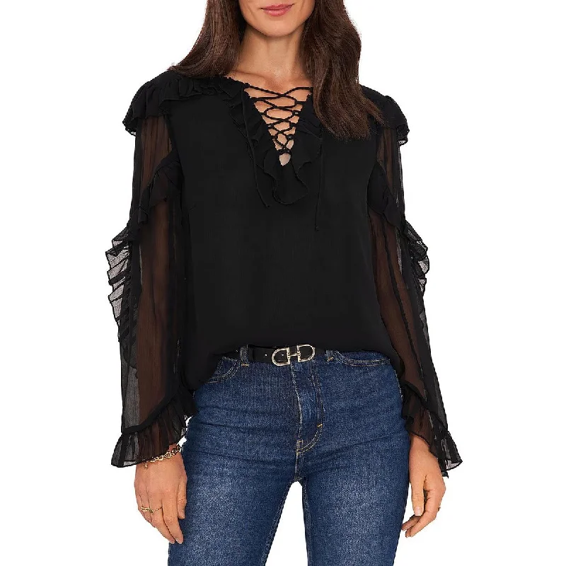 Vince Camuto Womens Ruffled Lace-Up Blouse Frilled Cuff Blouse