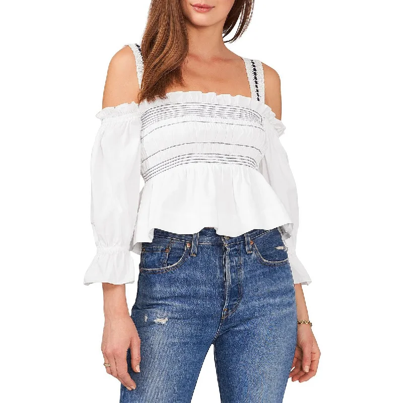 1.State Womens Off-The-Shoulder Smocked Blouse Pleated Collar Blouse