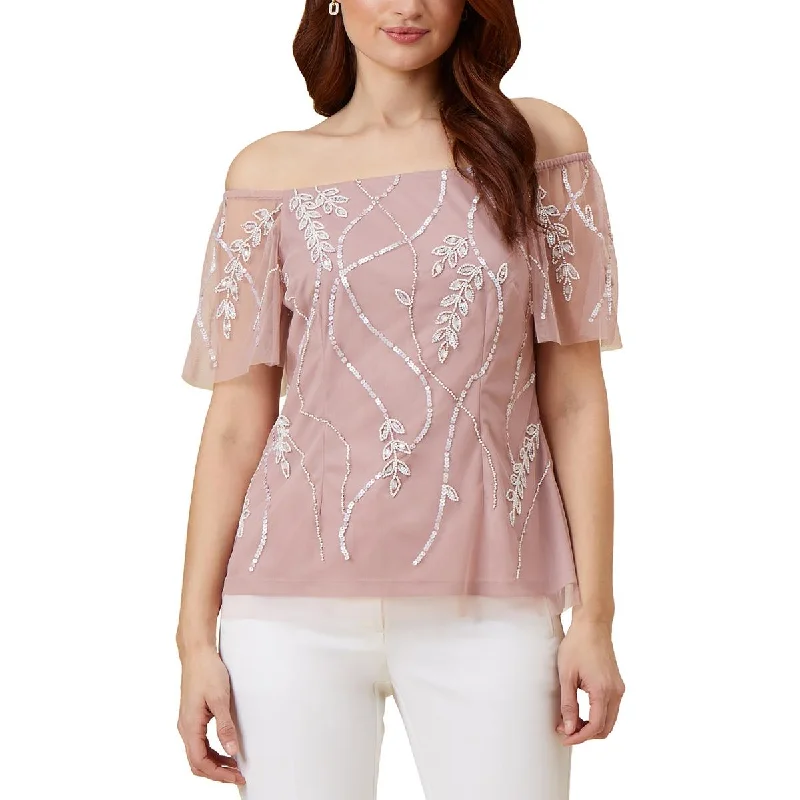 Adrianna Papell Womens Beaded Mesh Blouse Double-Layered Blouse