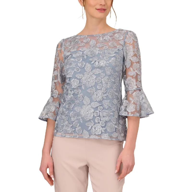 Adrianna Papell Womens Embroidered Blouse Pleated Collar Blouse