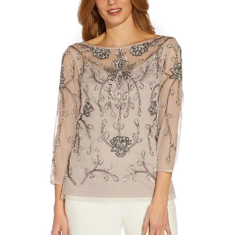 Adrianna Papell Womens Hand-Beaded Illusion Blouse Flowy Bohemian Blouse