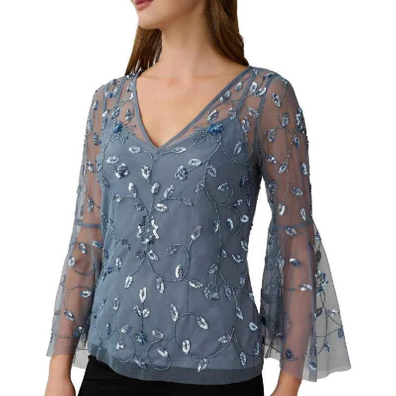 Adrianna Papell Womens Mesh Embellished Blouse Collared Satin Blouse