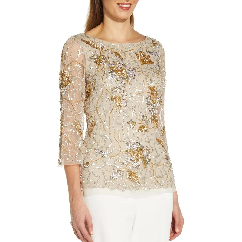 Adrianna Papell Womens Sequined Burnout Blouse Sheer Sleeve Blouse