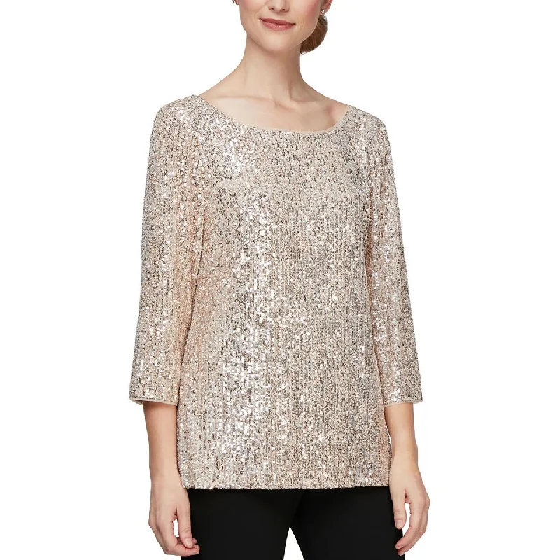 Alex Evenings Womens Sequined Blouse Frilled Cuff Blouse