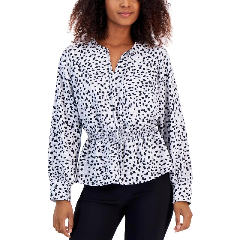 Alfani Womens Petites Peplum Spotted Blouse Textured Cotton Blouse