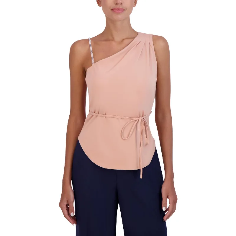 BCBGMAXAZRIA Women's Asymmetric Pleated Tie Waist Blouse with Chain Strap Gathered Detail Blouse