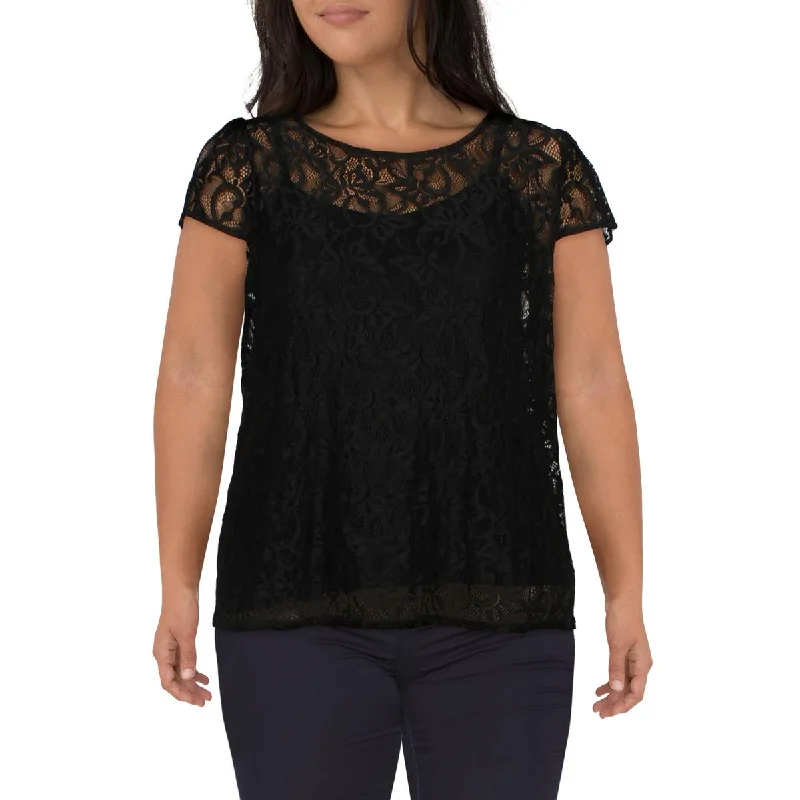 Black Tape_ Womens Plus Lace Cap Sleeve Blouse Relaxed Fit Blouse