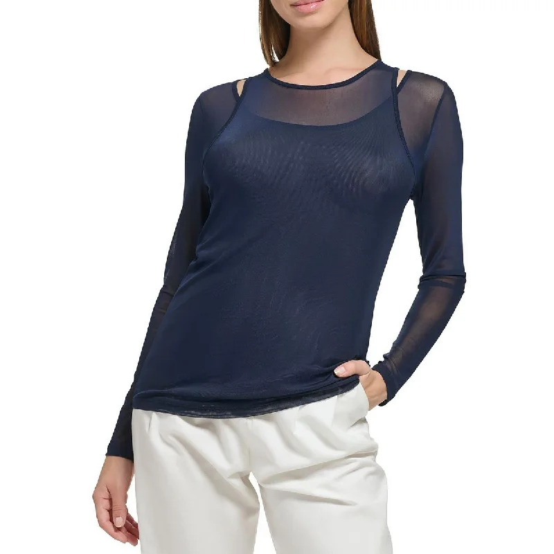 Calvin Klein Womens Mesh Cutout Blouse Slim Fit Blouse