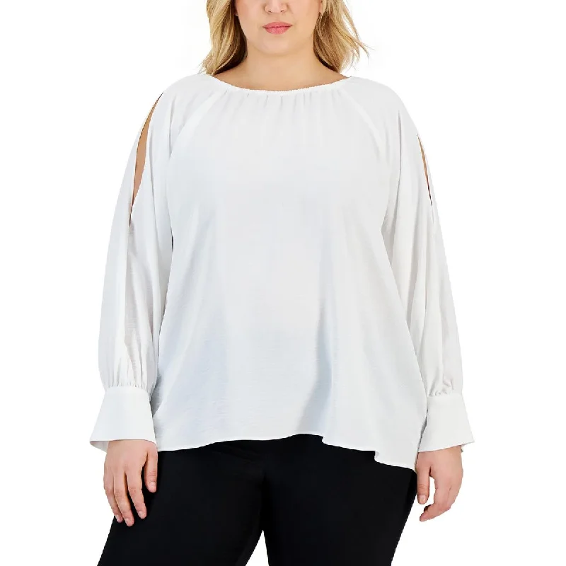 Calvin Klein Womens Plus Textured Cold Shoulder Blouse Pleated Collar Blouse