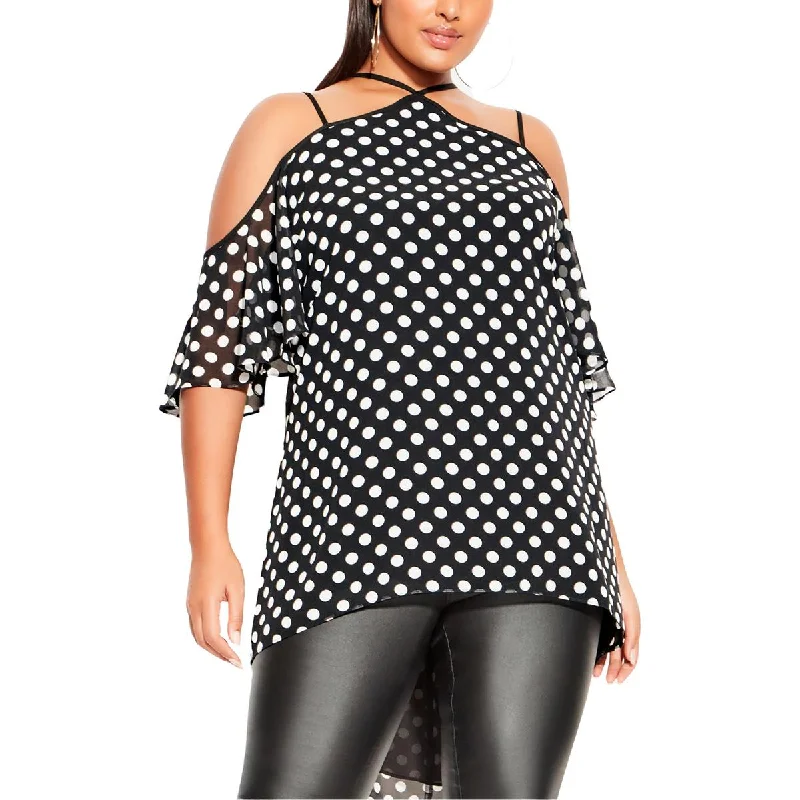 City Chic Womens Plus Gabrielle Strappy Polka Dot Blouse Feminine Puff Blouse