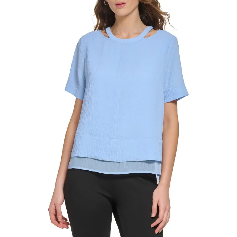 DKNY Womens Crinkle Cut-Out Blouse Relaxed Fit Blouse