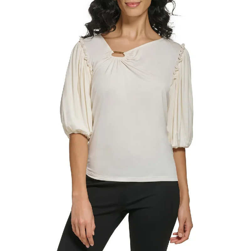 DKNY Womens Embellished Puff Sleeve Blouse Versatile Layering Blouse