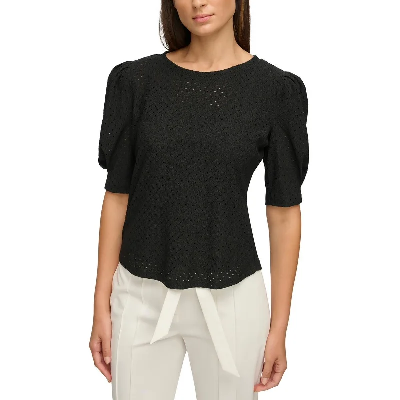 Donna Karan Womens Solid Knit Blouse Side Tie Blouse